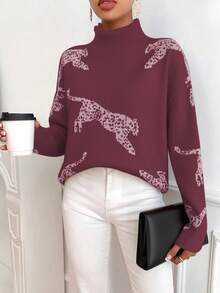 EMERY ROSE Maglione casual da donna con colletto alla coreana e stampa leopardata, adatto per l'autunno/inverno - Bordò - Visualizzare 4