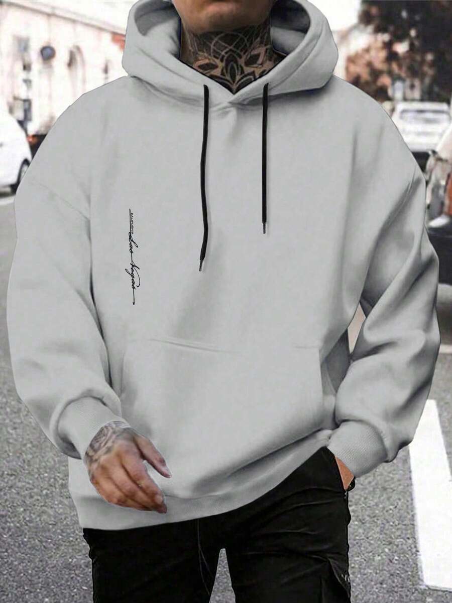 EURMUSE Sudadera con capucha regular con estampado de letras de algodón para hombres - Gris - Ver 1
