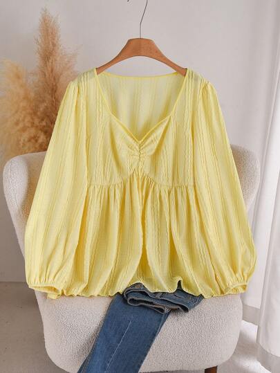 CosyJoli 大码休闲甜心领褶饰腰部娃娃装 A 字形荷叶边下摆 T 恤