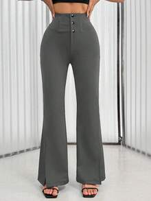 Chiquease Solid Color Front Button Flare Leg Elegant Split Hem Pants - Dark Grey - View 6