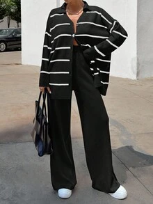 EURMUSE Women Striped Sweater Cardigan And Pant Set - Black - View 3