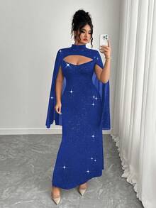 Elenzga Plus Size Sequin Shiny Elegant Fashion Dress - Royal Blue - View 5