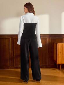 Vintamour 2pcs Vintage Elegant Women's Set,Fitted Contrast Material Patchwork Top And Pants,Long Sleeve Black And White Two Pieces Set,Autumn Office New Year - Black - View 2