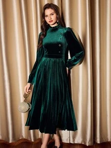 Vintamour 复古经典优雅派对女士连衣裙，秋冬季，修身立领荷叶边褶皱长袖深绿色连衣裙，适合女性冬季穿着，秋冬圣诞连衣裙，新年连衣裙，新年女士服装，优雅派对连衣裙 - 墨綠色 - 查看 3