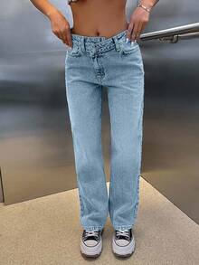 CasuGlow 100% Cotton HIGH RISE ASYMMETRIC BELT STRAIGHT CUT JEAN - Baby Blue - View 5