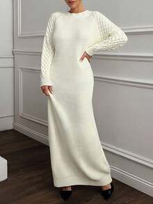 EURMUSE Vestito lungo maglia maxi con maniche a palloncino, effetto texturizzato, per donna - Albicocca - Visualizzare 3