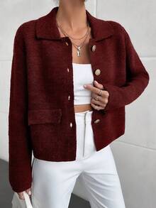 EURMUSE Áo khoác cardigan cánh dơi cài nút phía trước cho nữ, phù hợp cho mùa thu đông - Màu Đỏ Sâu - Xem 4