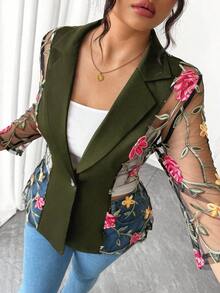 Elenzga 大码女式时尚网眼拼布花卉刺绣单排扣西装外套 - 軍綠色 - 查看 7