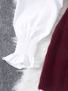 Airaco 2pcs Set Women Spring Lantern Sleeve White Blouse & Loose Drape Open Front Sweater Vest, Layering Outfit Fall Winter Cloth For Women - Burgundy - View 5