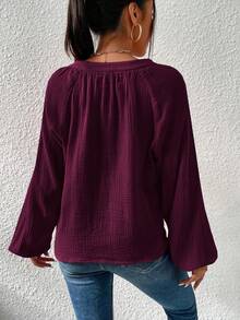 EMERY ROSE Áo sơ mi tay dài cổ chữ V trơn màu đơn sắc dành cho nữ - Màu tím - Xem 2