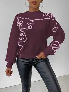 SHEIN LUNE Women's Contrast Color Pattern Turtleneck Long Sleeve Sweater - Dusty Purple - View 6