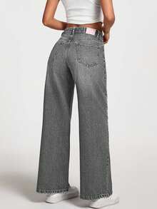 EURMUSE 女式低腰口袋直筒宽松休闲百搭牛仔裤 - 淺灰色 - 查看 5