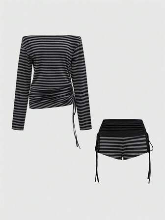 J-Fashion بدلة نسائية مثيرة مكشوفة الكتفين برباط ورباط وأجنحة خفاش مخططة Y2K