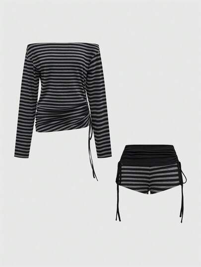 J-Fashion Ensemble femme Y2K sexy avec épaules dénudées, volants et manches chauve-souris rayées avec cordon de serrage