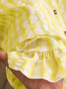 CosyJoli Plus Size Plaid Front Button Ruffle Lantern Sleeve Fashion Shirt Butter Yellow - Light Yellow - View 6