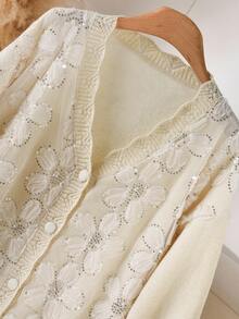 CosyJoli Plus Size Women 3D Floral Design Open Front Knit Cardigan, Fashionable & Versatile For Daily Commute Autumn Winter Clothes For Women - Beige - View 5