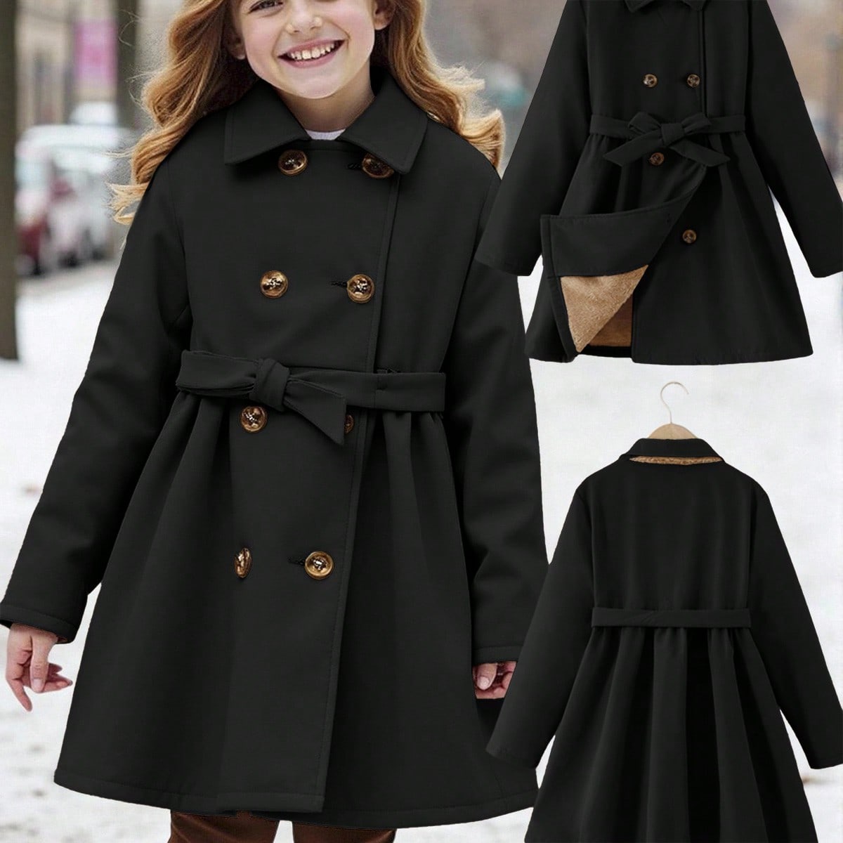 Abrigo largo de color negro sólido y simple con forro térmico y solapa, adecuado y cálido para otoño e invierno, uso diario, ocasión casual, regr