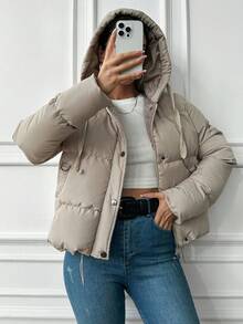 EURMUSE Zip Up Snap Button Drawstring Hooded Puffer Coat - Grey - View 3