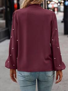 EMERY ROSE Women's Solid Color Lantern Sleeve Tie Neck Faux Pearl Decor Elegant Blouse, Christmas