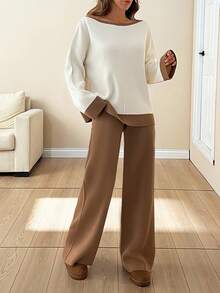 EURMUSE Women Contrast Collar Boat Neck Exposed Seam Detailed Pullover & Sweater Pants Set,Petite,Winter Clothes - Cream - View 3