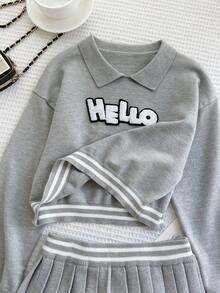 青少年女孩休闲运动风格字母图案落肩宽松毛衣和褶皱毛衣裙套装，秋冬 - 灰色 - 查看 7