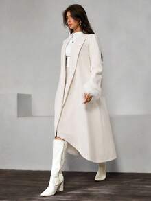 Rafferiza Abrigo largo de mujer de unicolor minimalista, otoño/invierno - Beis - Ver 5