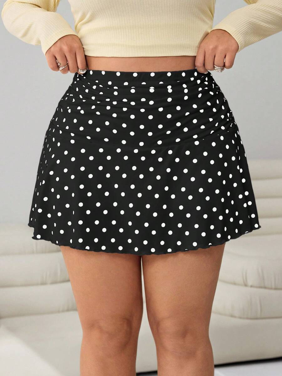 Solflare Plus Size Polka Dot Casual Skirt, Suitable For School And Outings - Black and White - View 1