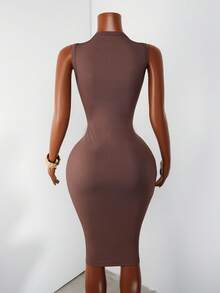 Zolique Solid Rib-Knit Bodycon Dress - Coffee Brown - View 2