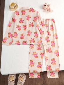 2pcs Girls Casual Khaki Cartoon Bear Print Long Sleeve Top And Pants Comfortable Loungewear Set, Spring/Autumn Fall Winter - Apricot - View 2