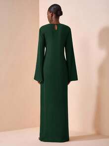 Zivah 2025夏初秋新款，适合生日派对，毕业季，日常出游，百搭，休闲度假，邮轮旅行，沙滩海边沐浴阳光，网络爆款，休闲优雅，通勤派对，圆领，长袖，喇叭袖口，腰带设计，修身超长连衣裙，女士棕色长裙-A - 橄欖綠 - 查看 2