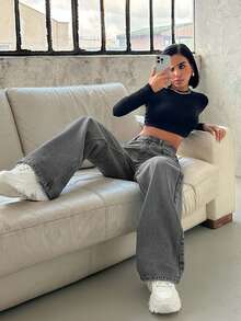EURMUSE Women's Solid Color Low Rise Loose Fit Y2K Style Jeans - Grey - View 5