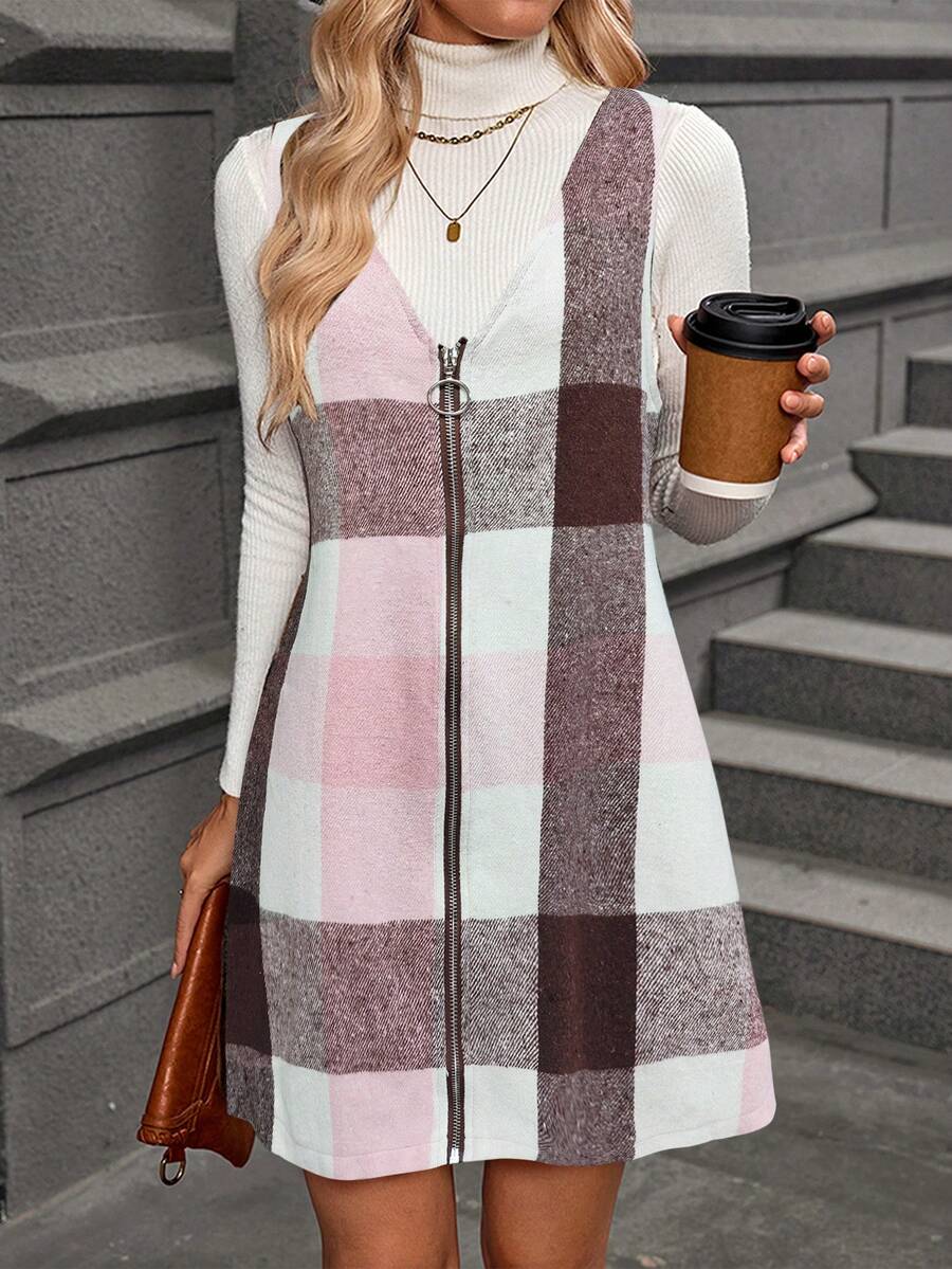 EMERY ROSE Vestido chaleco con cuello en V y cremallera a cuadros para mujer, otoño/invierno