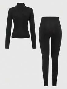 SHEIN Girlism Tween Girls' Casual Yoga Sports Fitted Zip-Up Collar Knit Top & High Waist Leggings Set,Black Autumn Modest Gym Outfit For Fall Winter Daily Wear - Black - View 2