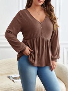 SHEIN Frenchy Plus Size Solid Color Minimalist Long Sleeve T-Shirt, Everyday Wear - Mocha Brown - View 3