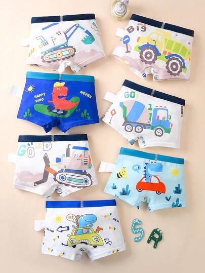 7pcs/Pack Boys' Colorblock Cute Cartoon Print Boxer Briefs