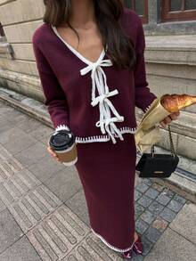 SHEIN Unity 2pcs Ombre Bowknot Strap Casual Basic Knit Set, Autumn/Winter - Burgundy - View 5