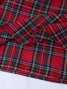 女童荷叶边蝴蝶结蕾丝领格子连衣裙，适合春秋季 - 紅色 - 查看 7