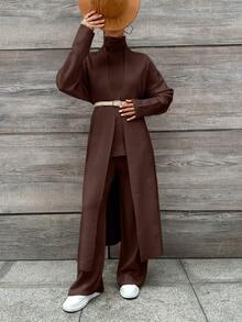 EURMUSE 2pcs Women Solid Color Long Sleeve Minimalist Long Jacket Top & Pants Casual Set - Brown - View 5