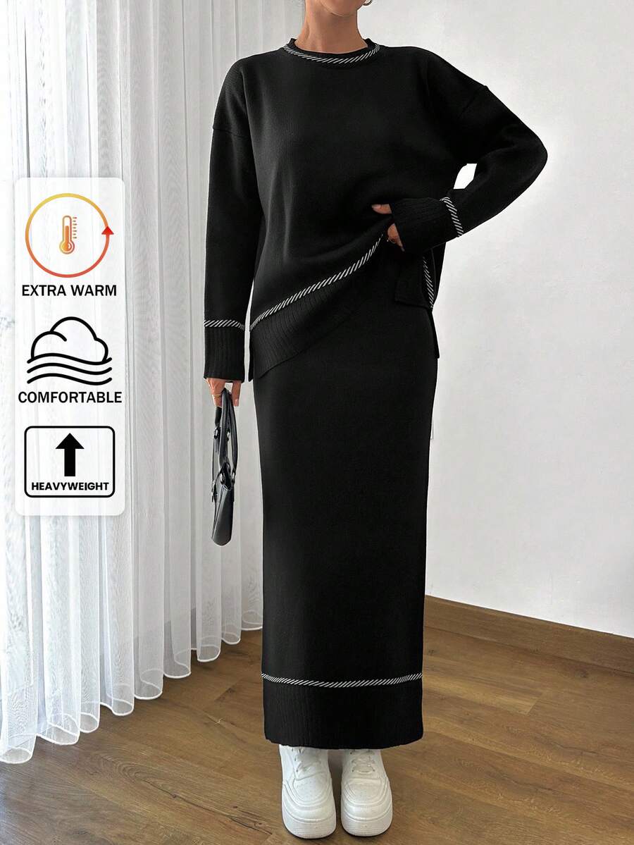 EURMUSE Women Solid Color Round Neck Drop Shoulder Stripe Pattern Pullover & Sweater Skirt Set - Black - View 1