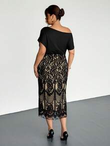 Firerie Plus Size Spring, Autumn & Winter Comfortable Casual Elegant Vacation Ruched One Shoulder Asymmetric-Shoulder Oblique Shoulder Lace Patchwork Professional Asymmetricice Commute Short Sleeve Midi Dress For Women