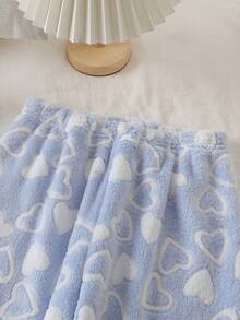 2 件女童舒适灰色简约毛绒心形图案长袖上衣和裤子睡衣套装，休闲家居服，母子装（2 套单独出售） - 藍白色 - 查看 4