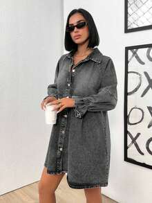 EURMUSE Women's Casual Washed Button-Front Long Sleeve Denim Dress, Autumn - Light Grey - View 5