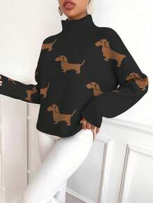 EMERY ROSE 女士休闲日常狗狗图案高领毛衣，秋冬款 - 黑色 - 查看 6