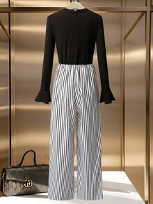 GlowEve 女式优雅喇叭袖针织连体裤，条纹拼接，立领，修腰，秋冬 - 黑色 - 查看 2