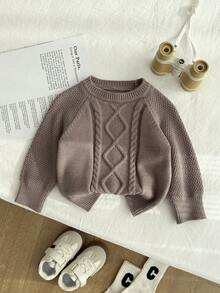 Áo len dệt kim cáp cổ tròn tay raglan trơn màu cho bé trai - Cà phê nâu - Xem 4
