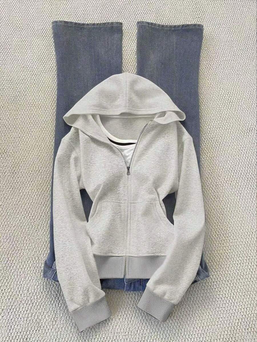 Rina Fox Áo sweatshirt nữ dài tay, màu trơn, cổ có khóa kéo, túi hông, kiểu dáng thường ngày, thích hợp cho mùa thu. - Xám - Xem 1