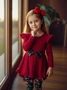 SHEIN 2 件套年轻女孩纯色针织圆领拼布圣诞图案蝴蝶结装饰上衣和圣诞树、圣诞老人、雪花、鹿印花裤，适合秋冬季圣诞派对、宴会、生日 - 紅色 - 查看 4