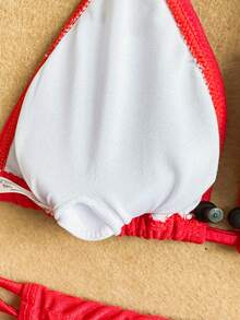2 件套女士夏季海滩纯色 3D 花卉装饰露背性感比基尼泳装套装，带罩衫和裙子 - 紅色 - 查看 3