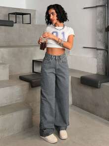 EURMUSE HIGH WAIST CASUAL STYLE DENIM STRAIGHT - Grey - View 5