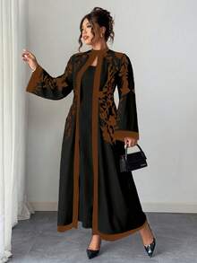 SHEIN Clasi 大码女式连体优雅度假风印花立领喇叭袖修身连衣裙 - 彩色 - 查看 5